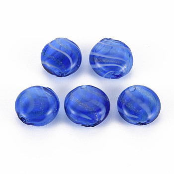 Transparent Handmade Blown Glass Globe Beads, with Glitter Powder, Stripe Pattern, Flat Round, Royal Blue, 15~16x7~8mm, Hole: 1~2mm