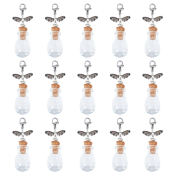 15Pcs Teardrop Shape Glass Bottle Big Pendants, with Tibetan Style Butterfly Bead and Brass Lobster Claw Clasps, Clear, 56mm, Bottle Capacity: 1.2ml(0.04 fl. oz)