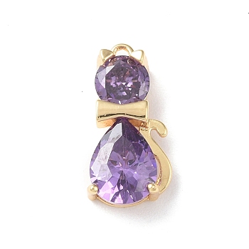 Brass Pendants, with Glass, Cat Charm, Real 18K Gold Plated, Lilac, 16x7.5x4mm, Hole: 1mm
