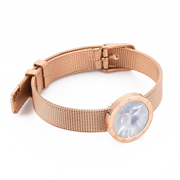 Acrylic Flat Round with Roman Numeral Link Bangle with Belt Buckle, 304 Stainless Steel Mesh Chain Wristband for Women, Rose Gold, Inner Diameter: 1-7/8x2-1/2 inch(4.8x6.5cm)