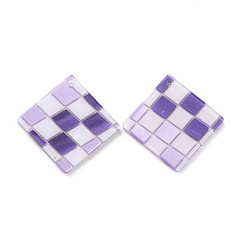 Checkerboard Style Rhombus Acrylic Pendants, Purple, 28x28x2.5mm, Hole: 1.2mm