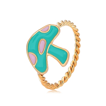 Enamel Mushroom Finger Ring, Golden Alloy Jewelry for Women, Dark Turquoise, Inner Diameter: 17mm