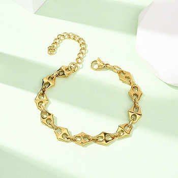 304 Stainless Steel Rhombus Link Chain Bracelets for Women, Golden, 6.61 inch(16.8cm)