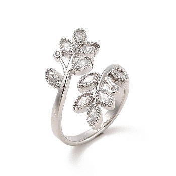 Brass Micro Pave Cubic Zirconia Open Cuff Rings, Leaf, Inner Diameter: 16mm