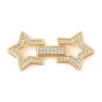 Rack Plating Brass Micro Pave Clear Cubic Zirconia Fold Over Clasps, Long-Lasting Plated, Lead Free & Cadmium Free, Star, Golden, 30x13x4mm