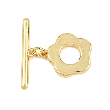 Brass Toggle Clasps, Cadmium Free & Lead Free, Long-Lasting Plated, Flower, Real 18K Gold Plated, 4~14.5x12.5~20.5x1.5~2mm, Hole: 1mm