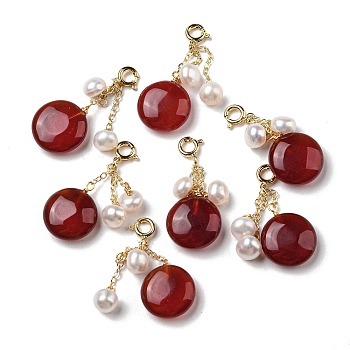 Natural Red Agate Flat Round Pendant Decorations, Natural Freshwater Pearls Tassel Ornament with Brass Spring Ring Clasps, Real 14K Gold Plated, 32mm, Hole: 2.8mm