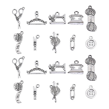 100pcs 10 Style Tibetan Style Pendants, Lead Free and Cadmium Free, Ball of Yarn & Hanger & Measuring Tape & Sewing Machine & Scissor, Antique Silver, 26x11x1.5mm, Hole: 2mm, 10pcs/style
