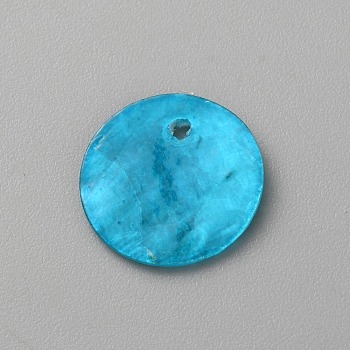 Dyed Natural Capiz Shell Pendants, Disc Charms, Deep Sky Blue, 15x1mm, Hole: 1.6mm