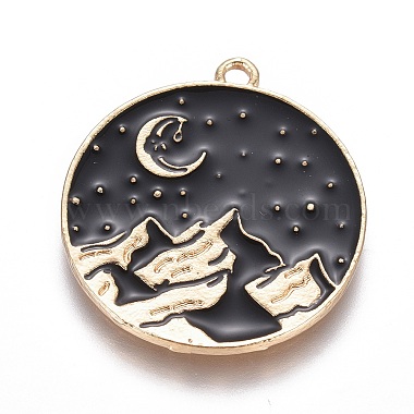 Light Gold Black Flat Round Alloy+Enamel Pendants