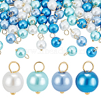 200Pcs 4 Style Pearlized Glass Pearl Pendants, Round Charms, with Golden Brass Findings, Mixed Color, 11x8.5mm, Hole: 2mm, 50pcs/style(PALLOY-PHE00003)