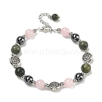 8mm Round Natural Rose Quartz & Natural Chinese Southern Jade & Synthetic Non-Magnetic Hematite Beaded Bracelets, Tibetan Style Alloy Bracelets for Women, Antique Silver, 7-1/2 inch(19cm)(BJEW-PH01801)