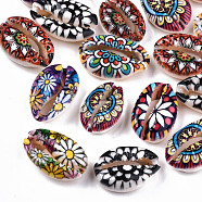 Printed Natural Cowrie Shell Beads, No Hole/Undrilled, with Flower Pattern, Colorful, 18~22x13~14x6~8mm(X-SHEL-S266-19)