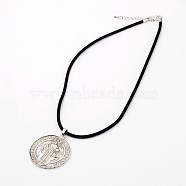 Flat Round Tibetan Style Alloy Pendant Necklaces, with Waxed Cord and Lobster Claw Clasps, Antique Silver, 19.1 inch(NJEW-F197-31)