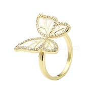 Rack Plating Real 18K Gold Plated Brass Rings, with Cubic Zirconia and Enamel, Long-Lasting Plated, Lead Free & Cadmium Free, Butterfly, White, US Size 6 3/4(17.1mm)(RJEW-B054-01G-01)