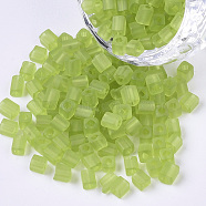 6/0 Transparent Glass Seed Beads, Frosted Colours, Square Hole, Cube, Yellow Green, 6/0, 3~5x3~4x3~4mm, Hole: 1.2~1.4mm, about 4500pcs/bag(SEED-S027-04B-05)