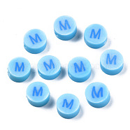 Handmade Polymer Clay Beads, Flat Round with Alphabet, Light Sky Blue, Letter.M, 9x3.5~5mm, Hole: 1.6mm(CLAY-N011-031M)