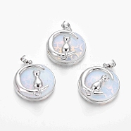 Opalite Kitten Pendants, with Platinum Tone Brass Findings, Flat Round with Cat & Crescent Moon Shape, 32x28x9mm, Hole: 5x7mm(G-J386-B10)