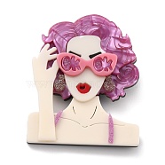 Girl with Glasses Brooch, Fashion Acrylic Safety Lapel Pin for Backpack Clothes, Old Rose, 65x53x9.5mm, Pin:0.6mm(JEWB-M021-18)