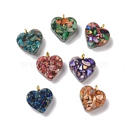 Transparent Resin Natural Imperial Jasper Dyed Chips Pendants, with Golden Tone Brass Loops, Heart Charm, Mixed Color, 16.5x15.5x6~6.5mm, Hole: 2mm(G-E185-12G)