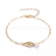 Brass Micro Pave Cubic Zirconia Link Bracelets, with Round Natural Moonstone Beads and Brass Paperclip Chains, Cowrie Shell Shape, Golden, 7-5/8 inch(19.4cm), 2.5mm(BJEW-JB05126-01)