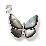 Brass Micro Pave Clear Cubic Zirconia Pendants, with Black Lip Shell, Butterfly Charms, Real Platinum Plated, 27.5x26x5.5mm, Hole: 4x3mm(KK-L211-020P-01)