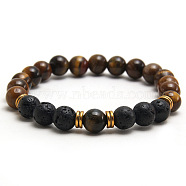 Round Natural Tiger Eye & Lava Rock Stretch Beaded Bracelet Men's Fashion Jewelry, 7-1/2 inch(19cm)(NL4639-3)