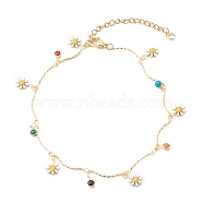 Brass Enamel Charm Anklets, with 304 Stainless Steel Lobster Claw Clasps, Flower, Colorful, Golden, 9-1/8 inch(23cm)(AJEW-AN00396)