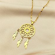 Woven Net/Web with Feather 304 Stainless Steel Pendant Necklaces for Women, Golden, 15.94 inch(40.5cm)(NJEW-G087-02G)