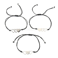Friendship Theme Stainless Steel Interlocking Love Heart Link Bracelets Sets, Adjustable Nylon Thread Braided Bracelet, Black, 0.2cm, Inner Diameter: 2-1/4~3-3/8 inch(5.8~8.5cm), 3pcs/set(BJEW-JB09544)