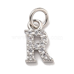 Initial Letter Brass with Cubic Zirconia Charms, Platinum, Long-Lasting Plated, Lead Free & Cadmium Free, Letter R, 10.5x6.5x1.5mm, ring: 5x1mm, inner diameter: 3mm(KK-Q814-26R-P)