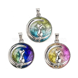Glass Pendants, with Alloy Findings, Flat Round, Platinum, Moon with Cat, Colorful, 31x27x9.5mm, Hole: 6.5x3.5mm(FIND-A043-13P)