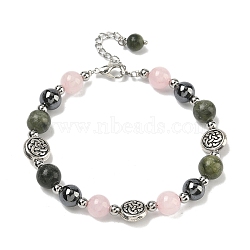 8mm Round Natural Rose Quartz & Natural Chinese Southern Jade & Synthetic Non-Magnetic Hematite Beaded Bracelets, Tibetan Style Alloy Bracelets for Women, Antique Silver, 7-1/2 inch(19cm)(BJEW-PH01801)