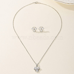 Vintage Brass Cubic Zirconia Clover Stud Earrings & Necklaces Set for Women, Platinum(UB5162)