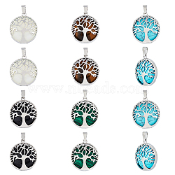 HOBBIESAY 10Pcs 5 Styles Natural & Synthetic Mixed Gemstone Pendants, Tree of Life Chram, with Platinum Tone Brass Findings, Flat Round, 30.5x27x8mm, Hole: 7x3mm, 2pcs/style(G-HY0001-20)