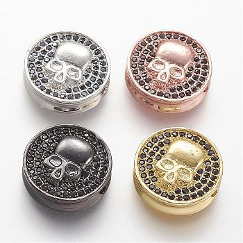 Brass Micro Pave Cubic Zirconia Beads, Flat Round with Skull Pattern, Black, Mixed Color, 14.5x4.3mm, Hole: 1.7mm