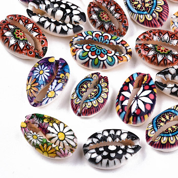 Printed Natural Cowrie Shell Beads, No Hole/Undrilled, with Flower Pattern, Colorful, 18~22x13~14x6~8mm