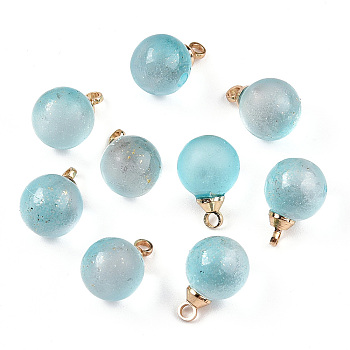 Two Tone Transparent Spray Painted Glass Pendants, with Light Gold Plated Brass Loop, Frosted, with Glitter Powder, Round, Medium Aquamarine, 12x8mm, Hole: 2mm