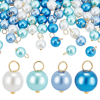 200Pcs 4 Style Pearlized Glass Pearl Pendants, Round Charms, with Golden Brass Findings, Mixed Color, 11x8.5mm, Hole: 2mm, 50pcs/style