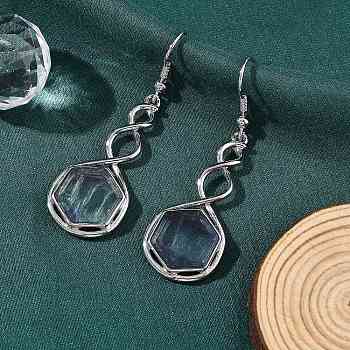 Hexagon Natural Fluorite Dangle Earrings, with Rack Plating Brass, Long-Lasting Plated, Lead Free & Cadmium Free, 54x17mm