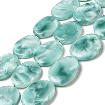 Natural Glass Beads Strands, Grade A, Oval, Aqua Blue, 34~41x26~32x6.5~9mm, Hole: 1.5mm, about 10~11pcs/strand, 15.5~15.7''(39.37~39.88cm)