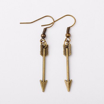 Tibetan Style Alloy Arrow Earrings, with Iron Earring Hooks, Antique Bronze, 49mm, Pin: 0.7mm