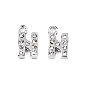 304 Stainless Steel Charms, with Crystal Rhinestone, Letter, Letter.N, 10~10.5x2~8x2mm, Hole: 1.2mm