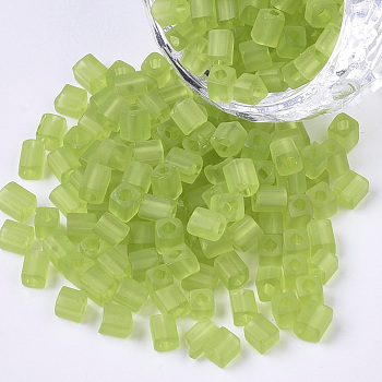6/0 Transparent Glass Seed Beads, Frosted Colours, Square Hole, Cube, Yellow Green, 6/0, 3~5x3~4x3~4mm, Hole: 1.2~1.4mm, about 4500pcs/bag