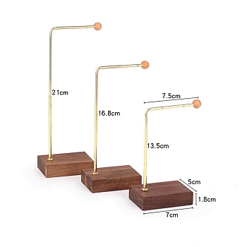3Pcs 3 Sizes Metal L Shaped Dangle Earring Display Rack with Wooden Base, Jewelry Stand For Hanging Earrings, Coconut Brown, 7.5x5x13.5~21cm, 1pc/size