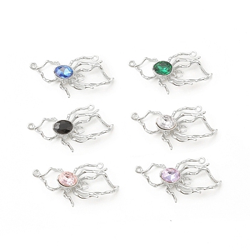 Rack Plating Alloy Glass Connector Charms, Spider, Platinum, Mixed Color, 18x36x6mm, Hole: 1.4mm