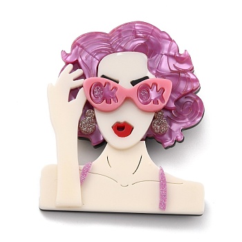 Girl with Glasses Brooch, Fashion Acrylic Safety Lapel Pin for Backpack Clothes, Old Rose, 65x53x9.5mm, Pin:0.6mm