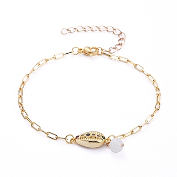 Brass Micro Pave Cubic Zirconia Link Bracelets, with Round Natural Moonstone Beads and Brass Paperclip Chains, Cowrie Shell Shape, Golden, 7-5/8 inch(19.4cm), 2.5mm