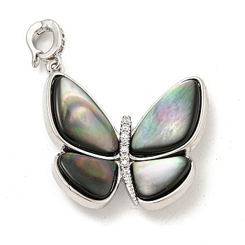 Brass Micro Pave Clear Cubic Zirconia Pendants, with Black Lip Shell, Butterfly Charms, Real Platinum Plated, 27.5x26x5.5mm, Hole: 4x3mm