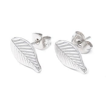 304 Stainless Steel Leaf Stud Earrings for Women, Stainless Steel Color, 12.8x7mm, Pin: 0.8mm